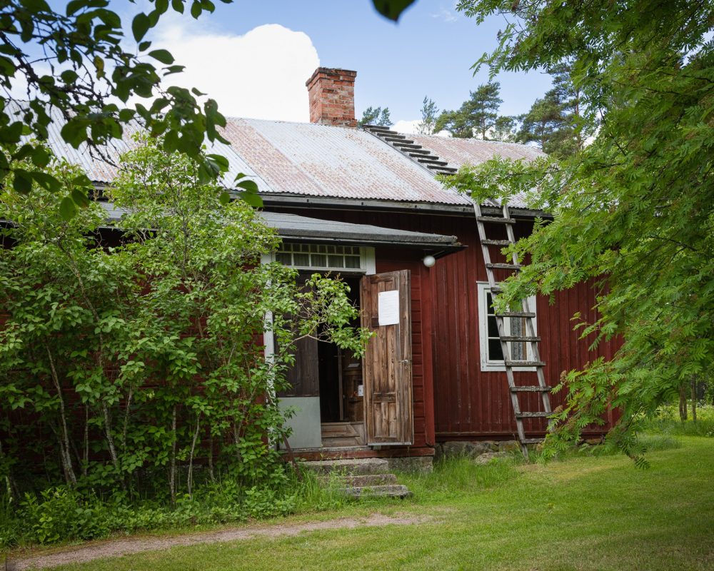 Punainen puutalo puiden lehtien takana. Ulko-ovi on auki. Katolle johtaa puiset tikkaat.
